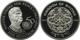 Weltmünzen und Medaillen, Bhutan. 50 Jahre Vereinte Nationen. 300 Ngultrums 1995, Silber. KM 80. Polierte Platte