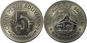 Weltmünzen und Medaillen, Bolivien / Bolivia. 5 Pesos Bolivianos 1976. Nickel Clad Steel. KM #197. Stempelglanz