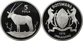 Weltmünzen und Medaillen, Botswana. Gemsbock. 5 Pula 1978, Silber. 0.85 OZ. KM 11a. Polierte Platte