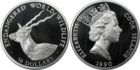 Weltmünzen und Medaillen, Cookinseln / Cook Islands. Gefährdete Weltwildleben-Reihe - Antilope. 50 Dollars 1990, Silber. 0.59 OZ. KM 115. Polierte Pla...
