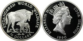 Weltmünzen und Medaillen, Cookinseln / Cook Islands. Gefährdete Weltwildleben-Reihe - Büffel-Wiesent. 50 Dollars 1990, Silber. 0.58 OZ. KM 205. Polier...