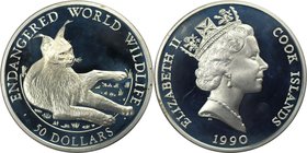 Weltmünzen und Medaillen, Cookinseln / Cook Islands. Gefährdete Weltwildleben-Reihe - Luchs. 50 Dollars 1990, Silber. 0.58 OZ. KM 54. Polierte Platte...