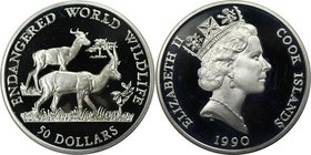 Weltmünzen und Medaillen, Cookinseln / Cook Islands. Gefährdete Weltwildleben-Reihe - Gazellen. 50 Dollars 1990, Silber. 0.58 OZ. KM 207. Polierte Pla...