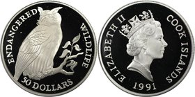 Weltmünzen und Medaillen, Cookinseln / Cook Islands. Gefährdete Weltwildleben-Reihe - Uhu. 50 Dollars 1991, Silber. 0.59 OZ. KM 93. Polierte Platte