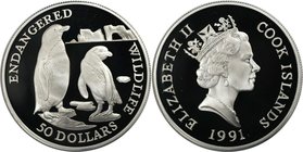Weltmünzen und Medaillen, Cookinseln / Cook Islands. Gefährdete Weltwildleben-Reihe - Brillenpinguin. 50 Dollars 1991, Silber. 0.58 OZ. KM 128. Polier...