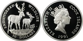 Weltmünzen und Medaillen, Cookinseln / Cook Islands. Gefährdete Weltwildleben-Reihe - Damhirsch. 50 Dollars 1991, Silber. 0.58 OZ. KM 126. Polierte Pl...