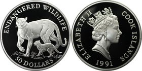 Weltmünzen und Medaillen, Cookinseln / Cook Islands. Gefährdete Weltwildleben-Reihe - Puma. 50 Dollars 1991, Silber. 0.58 OZ. KM 125. Polierte Platte...