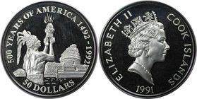 Weltmünzen und Medaillen, Cookinseln / Cook Islands. Serie: 500 Jahre Amerika - Azteken Priester. 50 Dollars 1991, Silber. 0.93 OZ. KM 148. Polierte P...