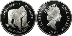 Weltmünzen und Medaillen, Cookinseln / Cook Islands. Gefährdete Wildtiere - Gorilla. 50 Dollars 1992, Silber. 0.57 OZ. KM 264. Polierte Platte