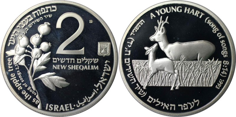 Weltmünzen und Medaillen, Israel. Wildleben - junger Bock. 2 New Sheqalim 1993, ...