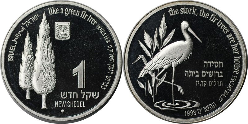 Weltmünzen und Medaillen, Israel. Wildleben - Storch. 1 New Sheqel 1998, Silber....