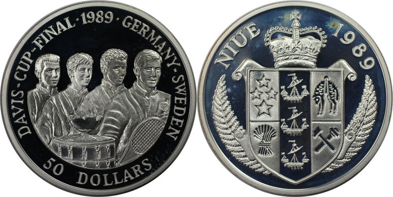 Weltmünzen und Medaillen, Niue. Davis Cup Tennis. 50 Dollars 1989, Silber. 0.84 ...