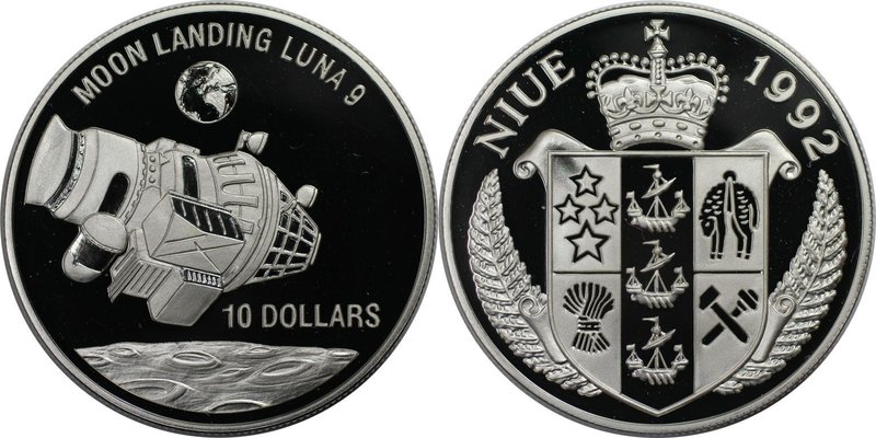 Weltmünzen und Medaillen, Niue. "Luna 9 Mondlandung". 10 Dollars 1992, Silber. 1...