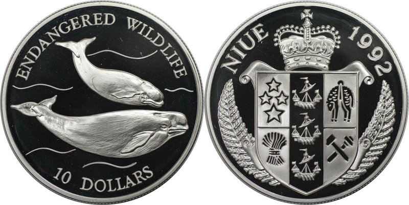 Weltmünzen und Medaillen, Niue. Weißwale. 10 Dollars 1992, Silber. 0.94 OZ. KM 7...