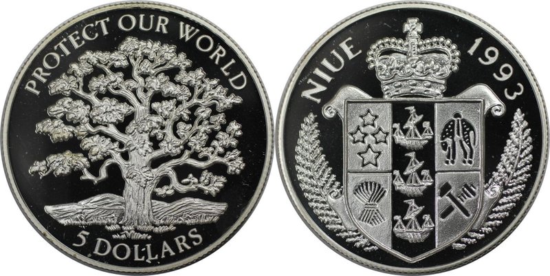 Weltmünzen und Medaillen, Niue. UMWELTSCHUTZ. Eiche. 5 Dollars 1993, Silber. 0.1...