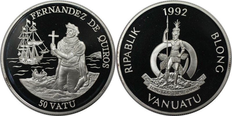 Weltmünzen und Medaillen, Vanuatu. Pedro Fernandez de Quiros. 50 Vatu 1992, Silb...