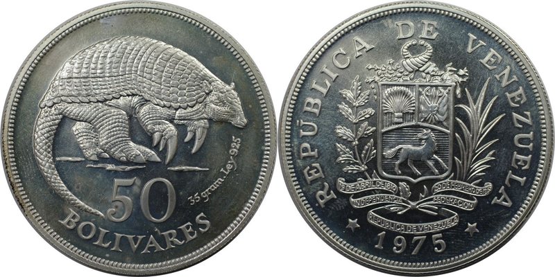 Weltmünzen und Medaillen, Venezuela. Gürteltier. 50 Bolivares 1975, Silber. 1.04...