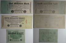 Banknoten, Deutschland / Germany, Lots und Sammlungen. Notgeld, Berlin, Reichsbanknoten. 100 000 Mark, 1 Mln Mark, 5 Mln Mark 25.07.1923. Keller 90a, ...