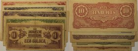 Banknoten, Japan, Lots und Sammlungen. Japan Occupation. 5,10 Rupees, 1,5,10 Gulden 1942-1944, Lot von 5 Banknoten. I-II