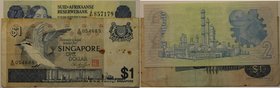 Banknoten, Lots und Sammlungen Banknoten. 1 Dollar Singapore ND., 2 Rand South Africa Reserve Bank Series AI/4 Sign. T. W. de Jongh ND. Lot von 2 Bank...