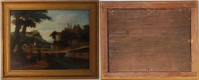 Kunst und Antiquitäten / Art and antiques. Ölgemälde. Österreich 1700-1799. Landschaft. Menschen und Bären. Maße mit Rahmen: 43 x 35 cm. Öl auf Holz. ...