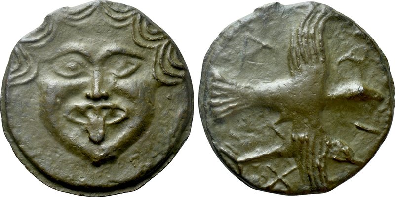 SKYTHIA. Olbia. Cast Ae (Circa 450-425 BC).

Obv: Facing Gorgoneion.
Rev: A -...