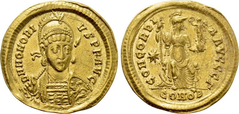 HONORIUS (393-423). GOLD Solidus. Constantinople. 

Obv: D N HONORIVS P F AVG....