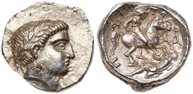 Paeonian Kingdom. Patraos. Silver Tetradrachm (12.72 g), 335-315 BC. Damastion (?). Laureate head of Apollo right. Reverse: &Pi;-A-TPAO&Lambda;, warri...
