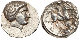 Paeonian Kingdom. Patraos. Silver Tetradrachm (12.49 g), 335-315 BC. Damastion (?). Laureate head of Apollo right. Reverse: &Pi;A-T-PA-[O]T, warrior o...