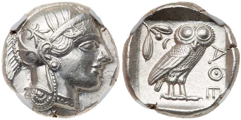 Attica, Athens. Ca. 440-404 BC. Silver Tetradrachm (17.20 g). Helmeted head of A...