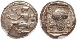 Cilicia, Soloi. Silver Stater (10.74 g), ca. 440-410 BC. Amazon kneeling left, quiver and bow-case at her side, holding bow; in left field, ivy leaves...