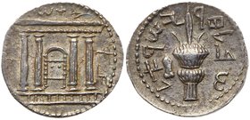 Judaea, Bar Kokhba Revolt. Silver Sela (11.43 g), 132-135 CE. Year 2 (133/4 CE). 'Jerusalem' (Paleo-Hebrew), tetrastyle fa&ccedil;ade of the Temple of...