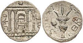 Judaea, Bar Kokhba Revolt. Silver Sela (14.40 g), 132-135 CE. Undated, attributed to year 3 (134/5 CE). 'Simon' (Paleo-Hebrew), tetrastyle fa&ccedil;a...