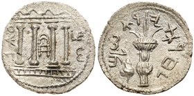 Judaea, Bar Kokhba Revolt. Silver Sela (14.30 g), 132-135 CE. Undated, attributed to year 3 (134/5 CE). 'Simon' (Paleo-Hebrew), tetrastyle fa&ccedil;a...