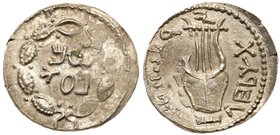 Judaea, Bar Kokhba Revolt. Silver Zuz (3.10 g), 132-135 CE. Irregular issue. Undated, attributed to year 3 (134/5 CE). 'Simon' (Paleo-Hebrew) within w...