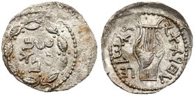 Judaea, Bar Kokhba Revolt. Silver Zuz (3.08 g), 132-135 CE. Undated, attributed to year 3 (134/5 CE). 'Simon' (Paleo-Hebrew) within wreath of thin bra...