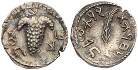 Judaea, Bar Kokhba Revolt. Silver Zuz (3.25 g), 132-135 CE. Undated, attributed to year 3 (134/5 CE). 'Simon' (Paleo-Hebrew), bunch of grapes with lea...