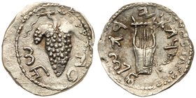 Judaea, Bar Kokhba Revolt. Silver Zuz (3.29 g), 132-135 CE. Undated, attributed to year 3 (134/5 CE). 'Simon' (Paleo-Hebrew), bunch of grapes with lea...