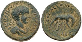 Judaea, City Coinage, Aelia Capitolina (Jerusalem). Elagabalus. &AElig; 30 (20.28 g), AD 218-222. Laureate, draped and cuirassed bust of Elagabalus ri...