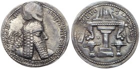 Sasanian Kingdom. Ardashir I, AD 223/4-240. Silver Drachm (4.23 g). Bust right of the king, wearing diadem and close-fitting headdress with korymbos a...