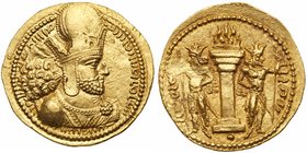 Sasanian Kingdom. Shapur I. Gold Dinar (7.56g), AD 240-272. Mint of Ctesiphon, ca. AD 260-272. Diademed bust of Shapur I right, wearing mural crown wi...