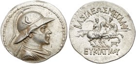 Kingdom of Baktria, Eukratides I 171-145 BC. Silver Tetradrachm (17.02 g). Helmeted, draped and diademed bust of the king to right. Reverse: BA&Sigma;...