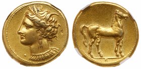Zeugitania, Carthage. Electrum Stater (7.55 g), ca. 310-290 BC. Head of Tanit left, wreathed with grain ears, wearing triple-pendant earring and neckl...