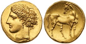 Zeugitana, Carthage (c. 260 B.C.), Gold Trihemistater (12.46g). Head of Tanit facing to left, wearing a wreath with corn-sprays and a leaf, a triple-p...