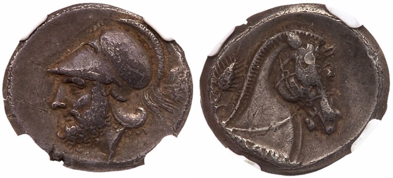 Anonymous. Silver Didrachm (7.02 g), ca. 280 BC. Neapolis. Helmeted head of Mars...