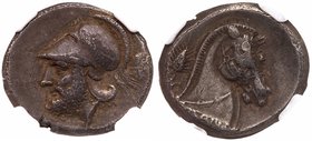 Anonymous. Silver Didrachm (7.02 g), ca. 280 BC. Neapolis. Helmeted head of Mars left; behind, oak-spray. Reverse: [RO]MANO, horse's head right, on ba...