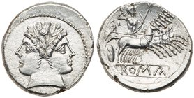 Roman Republic. Anonymous, circa 225-212 BC. Silver Quadrigatus (6.50 g). Laureate youthful head of Janus. Reverse: ROMA in incuse letters on tablet. ...