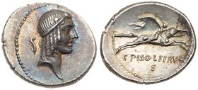 C. Piso L.f. Frugi, ca. 67 BC. Silver Denarius (3.70 g). Head of Apollo r. hair tied with taenia, aplustre behind. Reverse: Nude horseman galloping to...