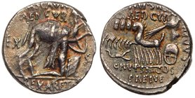 M. Aemilius Scaurus and Pub. Plautius Hypsaeus. Silver Denarius (4.00 g), 58 BC. Rome. M SCAVR / AED CVR in two lines above, EX S C across field, REX ...
