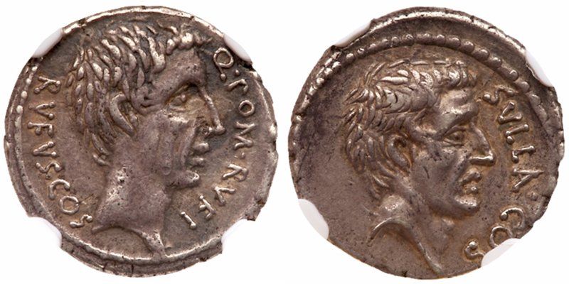 Q. Pompeius Rufus. Silver Denarius (3.76 g), 54 BC. Rome. Q POM RVFI before, RVF...